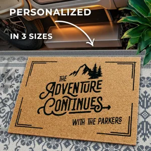 Adventure Continues Personalized Doormat for Camper, RV Doormat for Happy Campers Couple