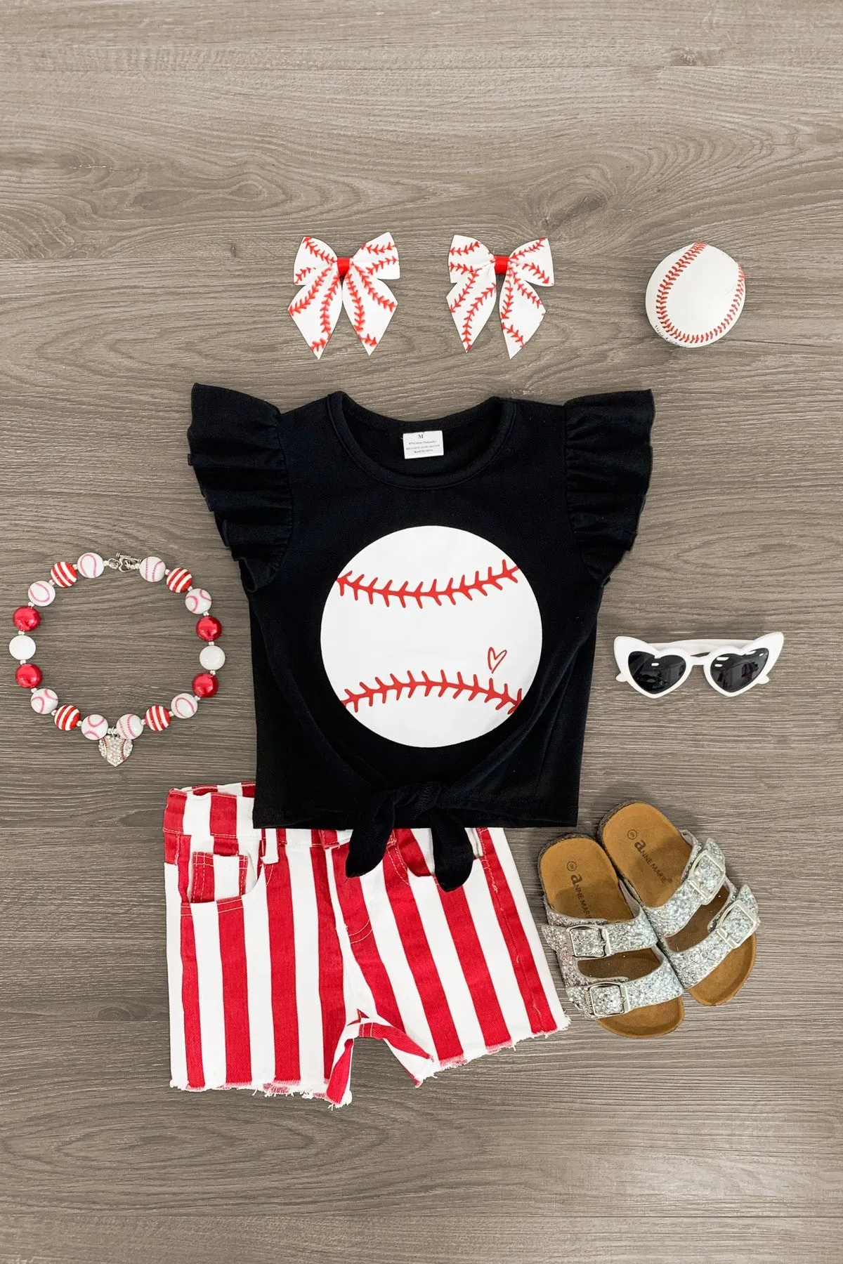 Black Striped Baseball Denim Short Set