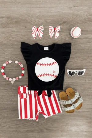 Black Striped Baseball Denim Short Set