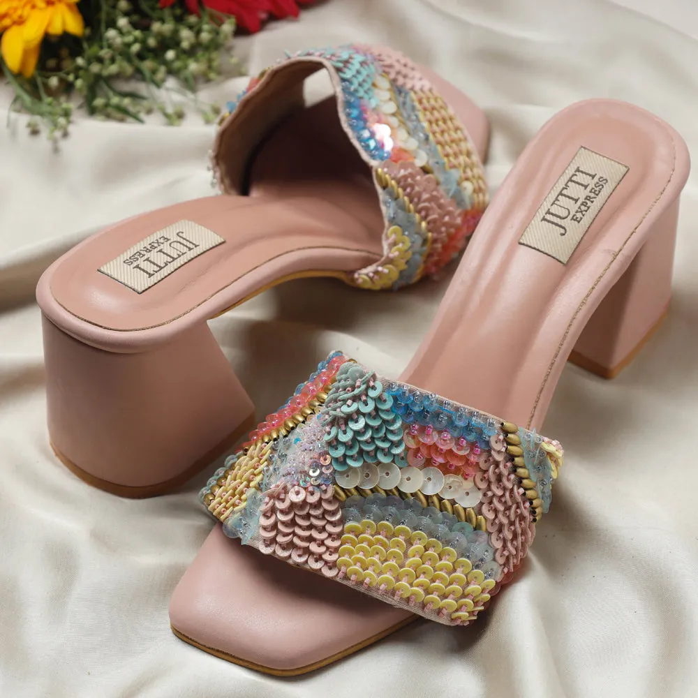 Carnation Peach Heels Handstitched Embroidered Sandal