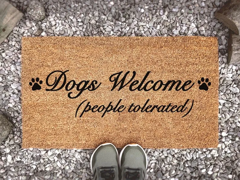 Coolspod- Outdoor Mat- Dogs Welcome (People Tolerated) Fancy Paw Print Doormat, Animal Lover Gift