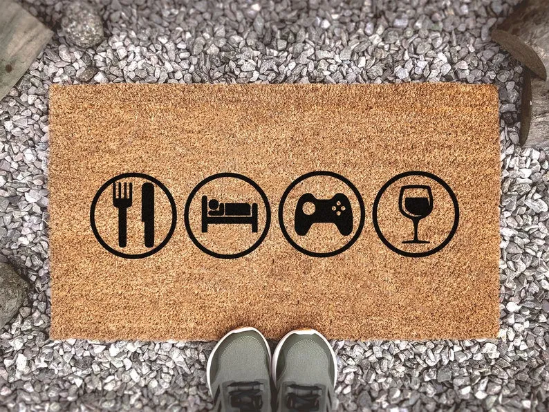 Coolspod- Outdoor Mat- Eat, Sleep, Game, Wine Symbol Doormat, Welcome Mat, Funny Gift, Coir Doormat