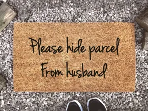 Coolspod- Outdoor Mat- Please Hide Parcel From Husband, Funny Welcome Mat, Custom Coir Doormat, Housewarming Gift