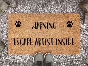 Coolspod- Outdoor Mat- Warning Escape Artist Inside, Dog Doormat, Funny Welcome Mat, Custom Coir Mat, Animal Lover Gift