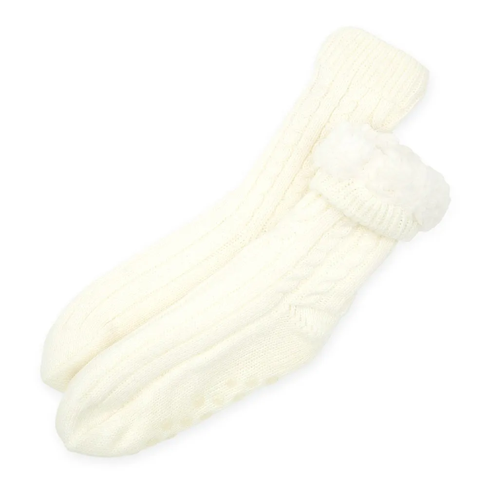 COZY SHERPA LINED CABLE KNIT SLIPPER SOCKS - CALLIGRAPHY  WRAP