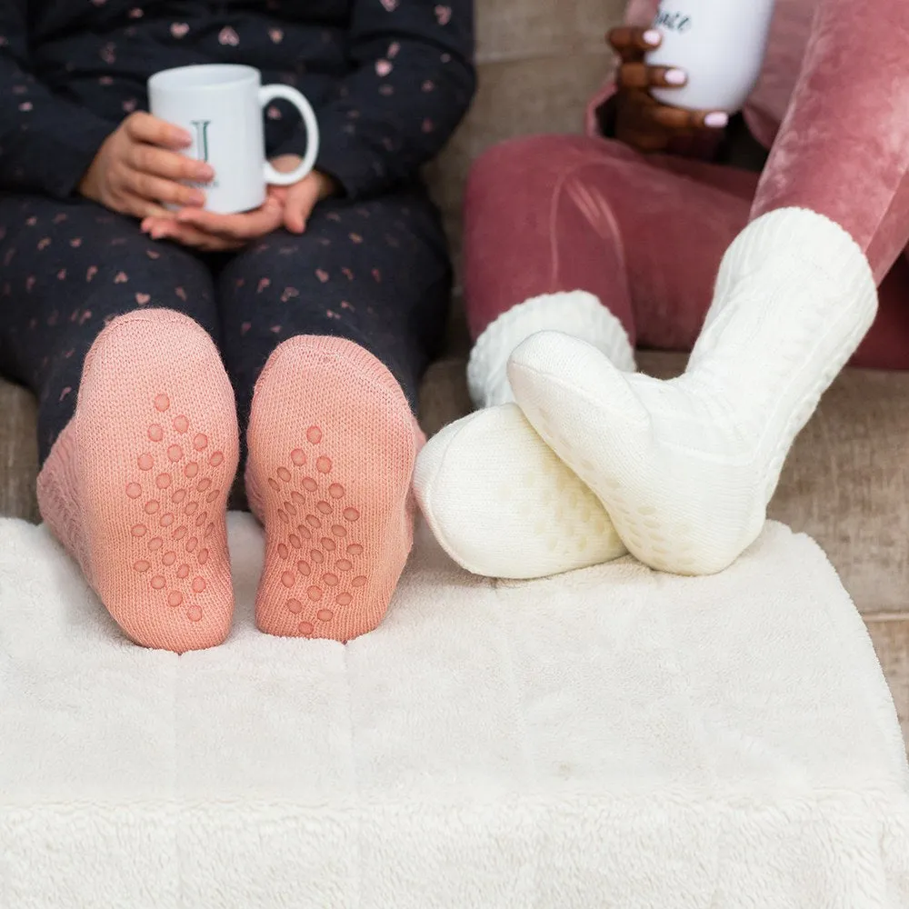 COZY SHERPA LINED CABLE KNIT SLIPPER SOCKS - CALLIGRAPHY  WRAP