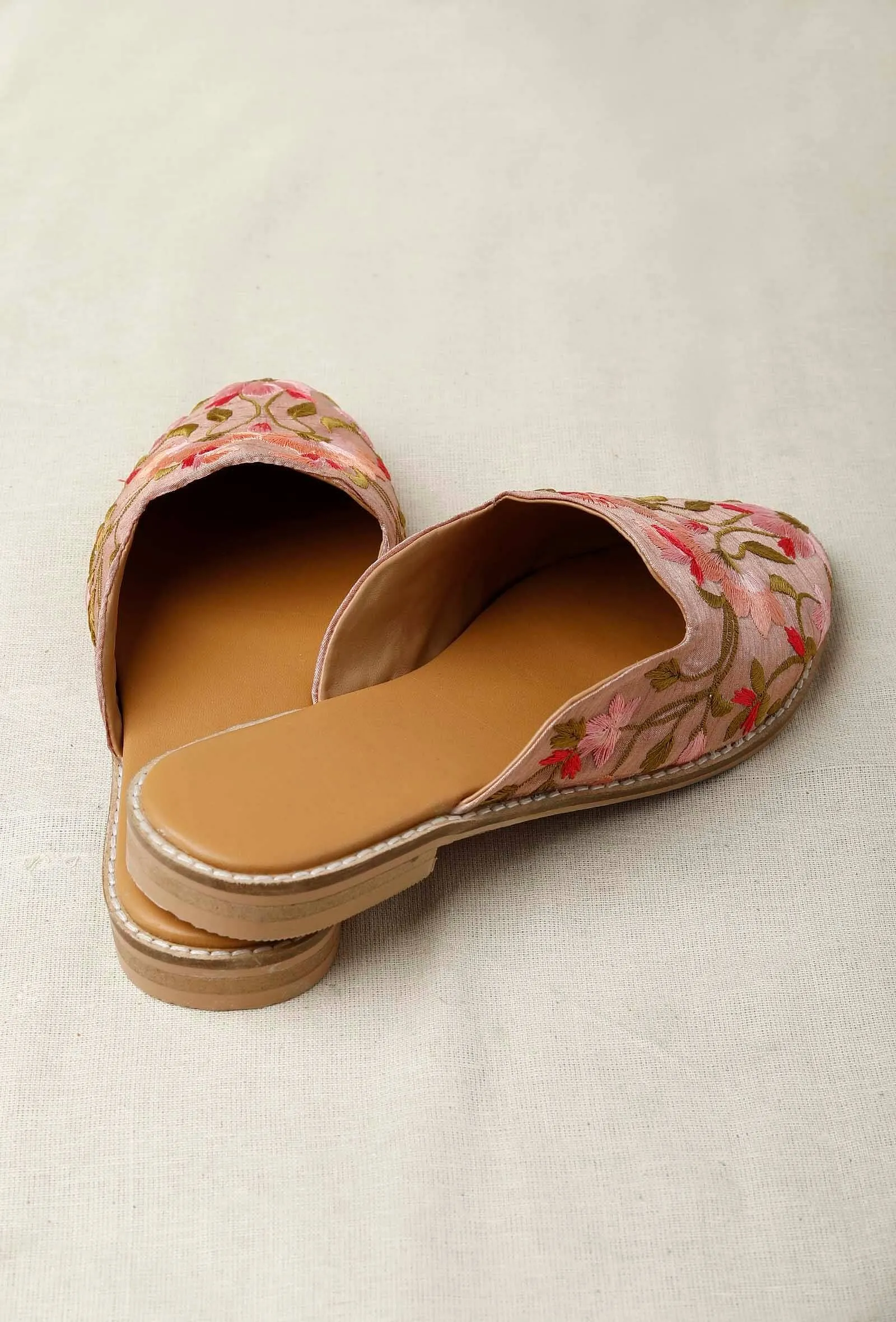 Dusky Pink Embroidered Dupion Silk Mules