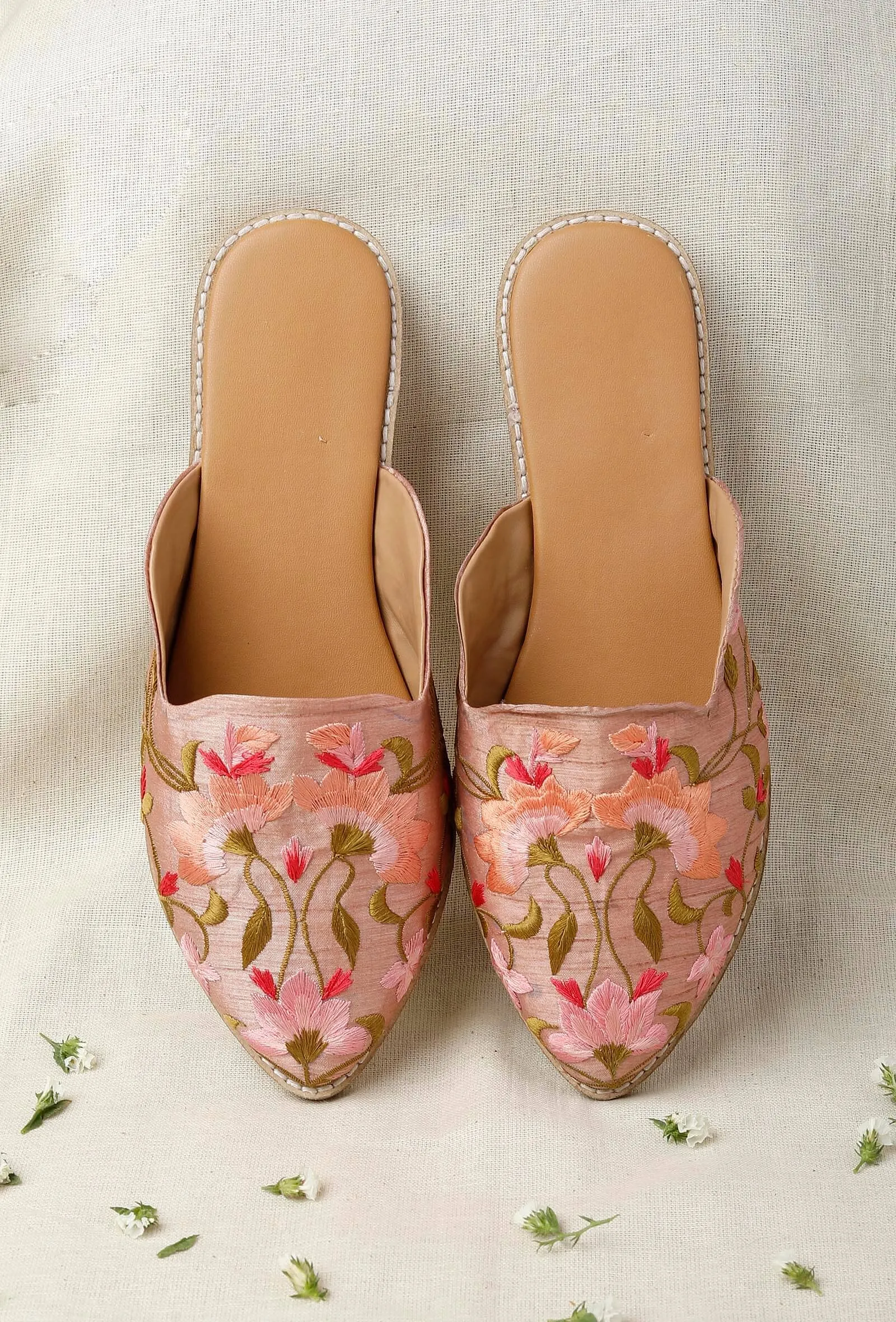 Dusky Pink Embroidered Dupion Silk Mules