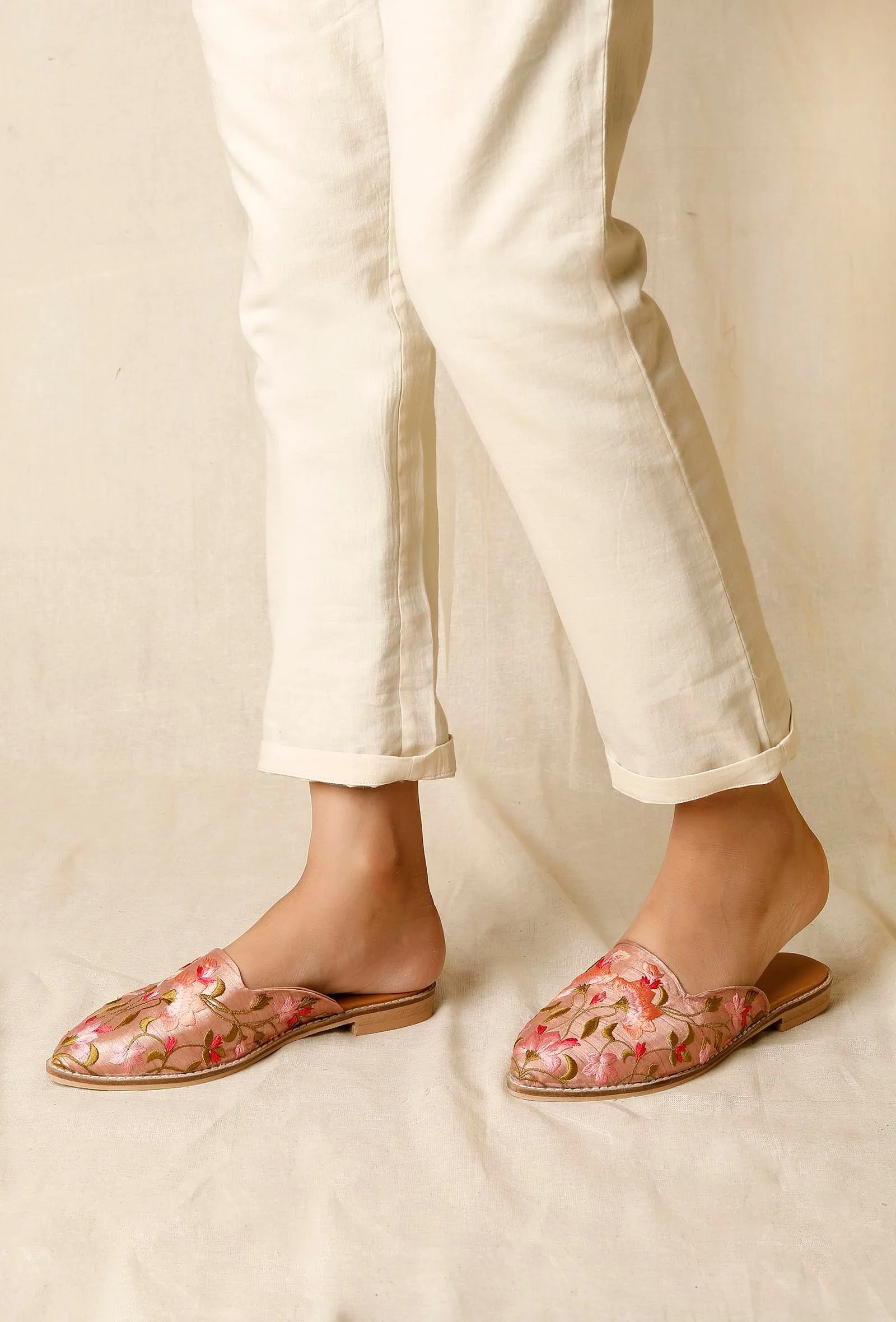 Dusky Pink Embroidered Dupion Silk Mules