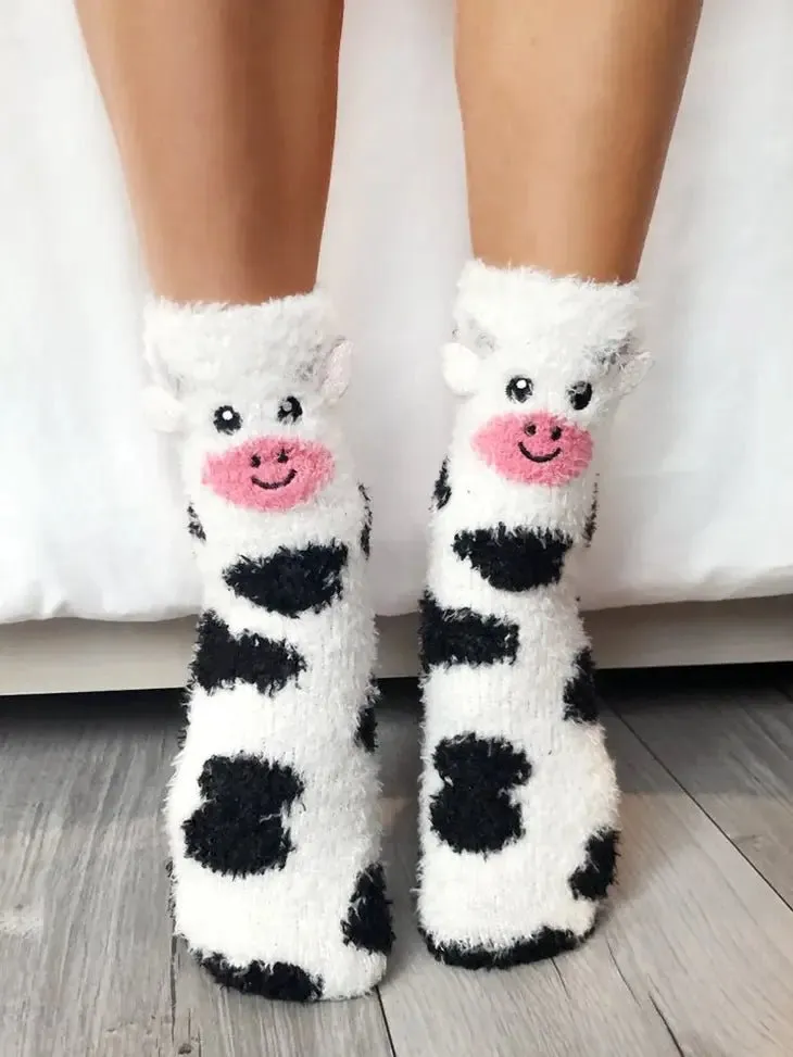 Fuzzy Cow Crew Grip Socks