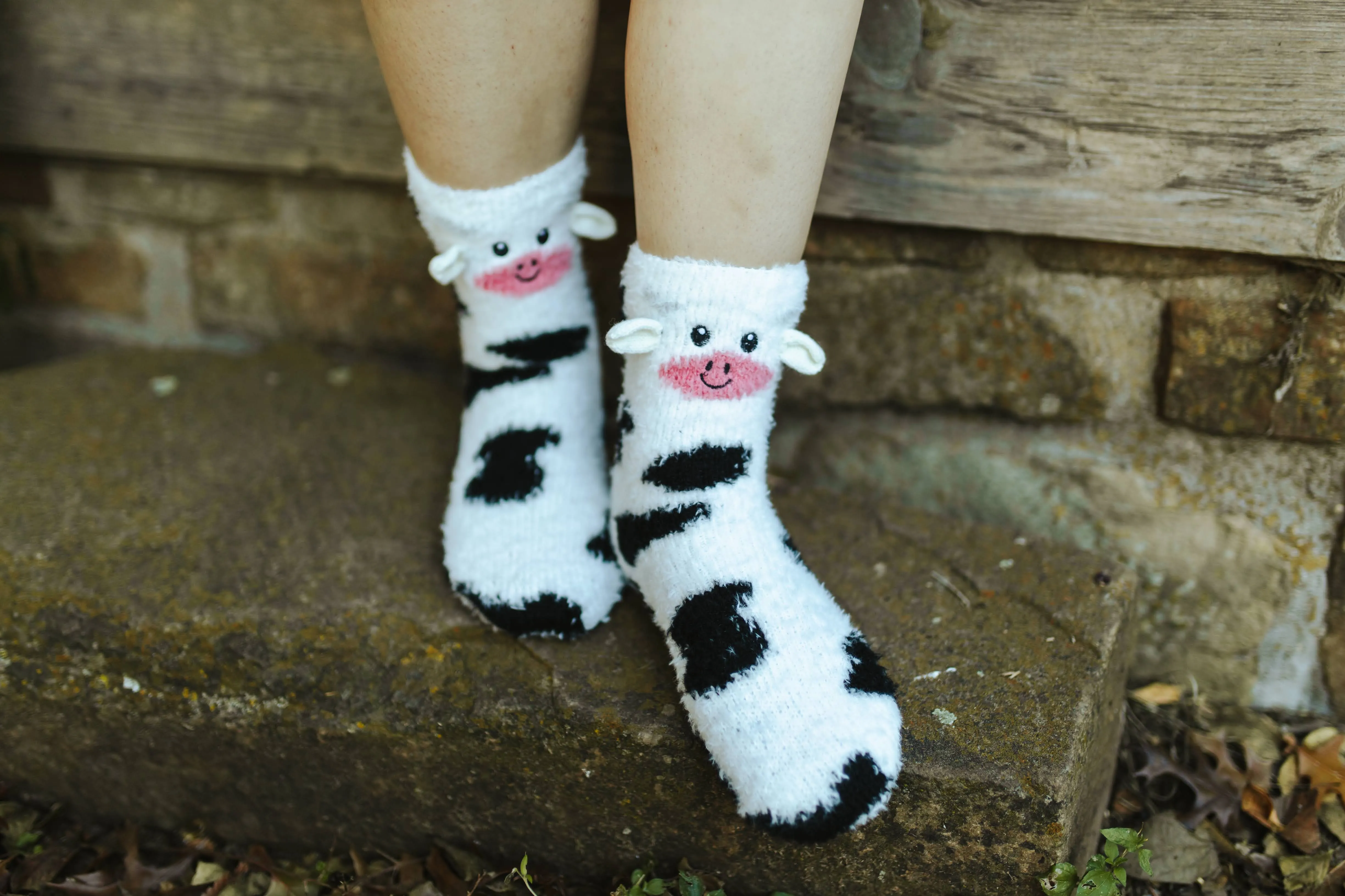 Fuzzy Cow Crew Grip Socks