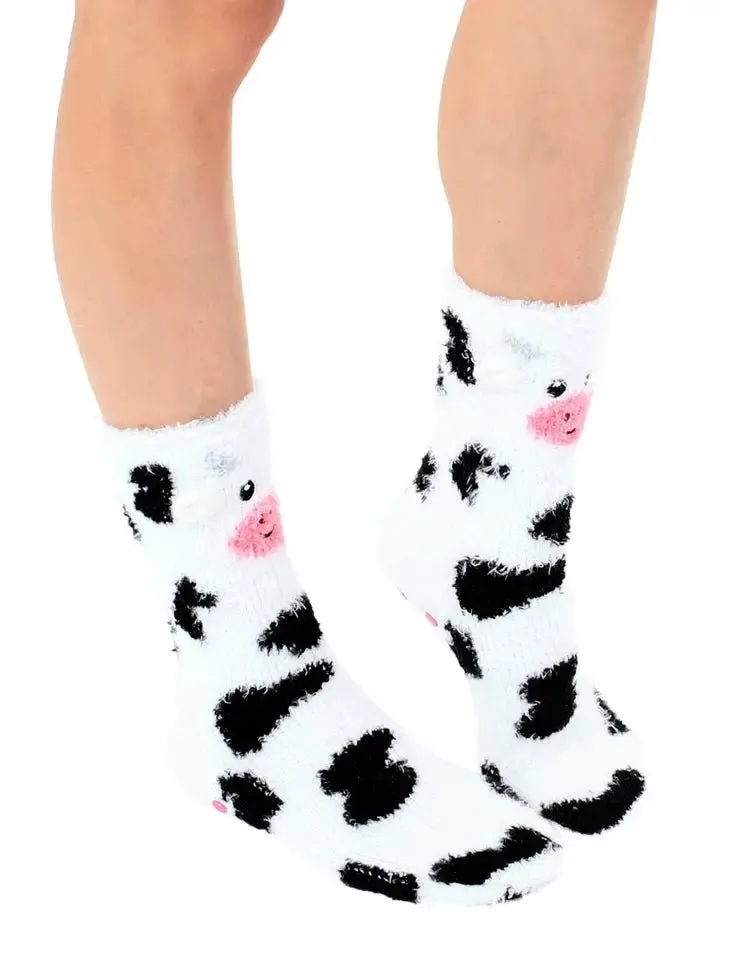 Fuzzy Cow Crew Grip Socks