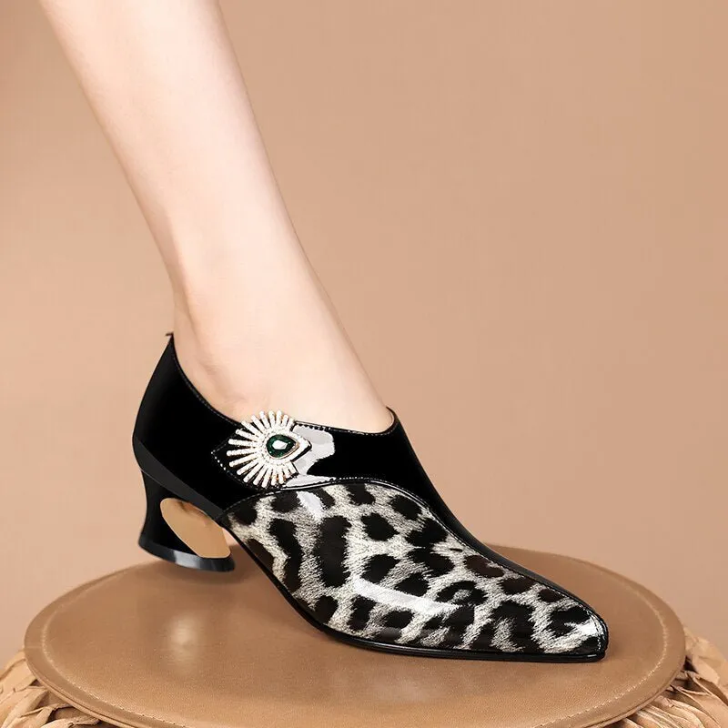 Glossy Leopard Chic Buckle Strap High Heels