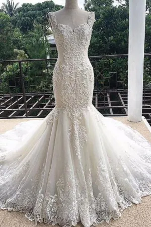 Gorgeous Mermaid Sweetheart Sleeveless Lace Tulle Long Wedding Dress UQW0003