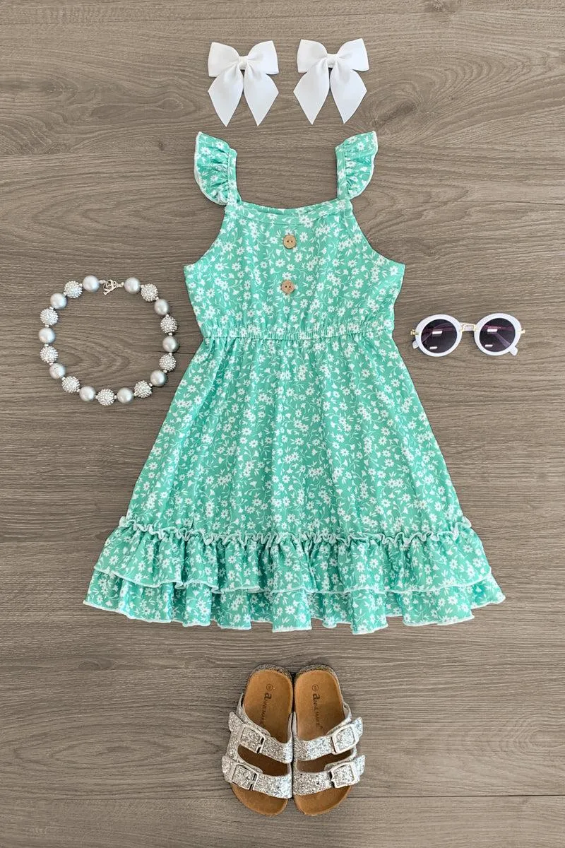 Green Floral Ruffle Tank Dress