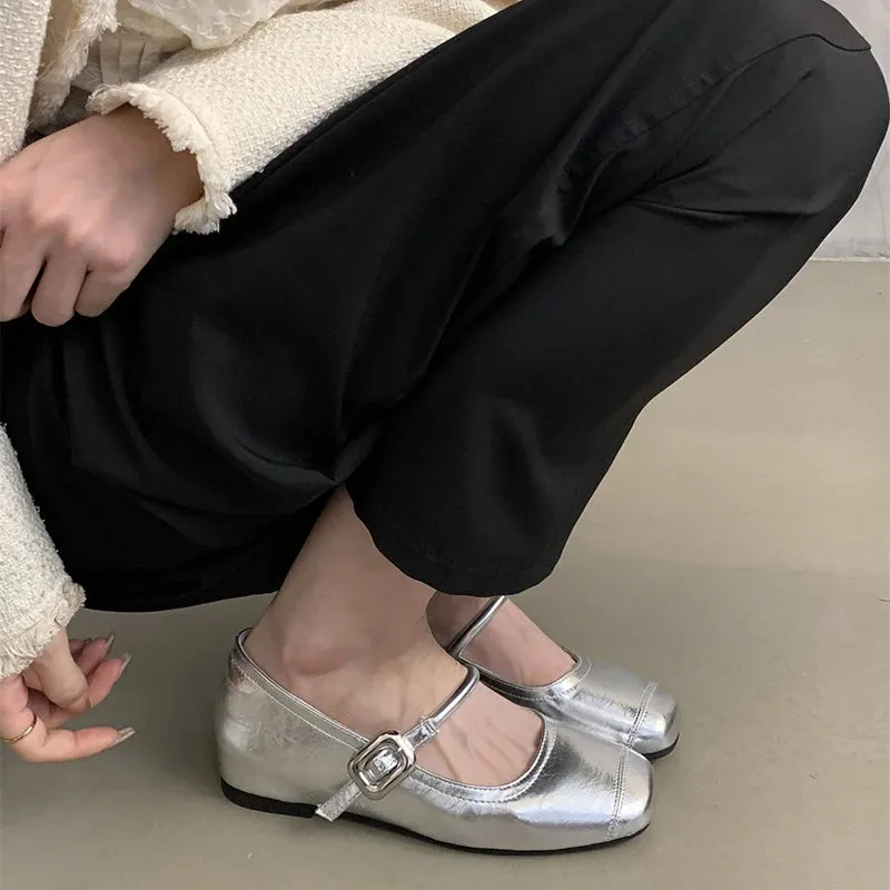 Hnzxzm Rome Style Women Silvery Mary Jane Shoes Fashion Shallow Buckle Ladies Comfort Wedding Party Internal Elevation Footwear