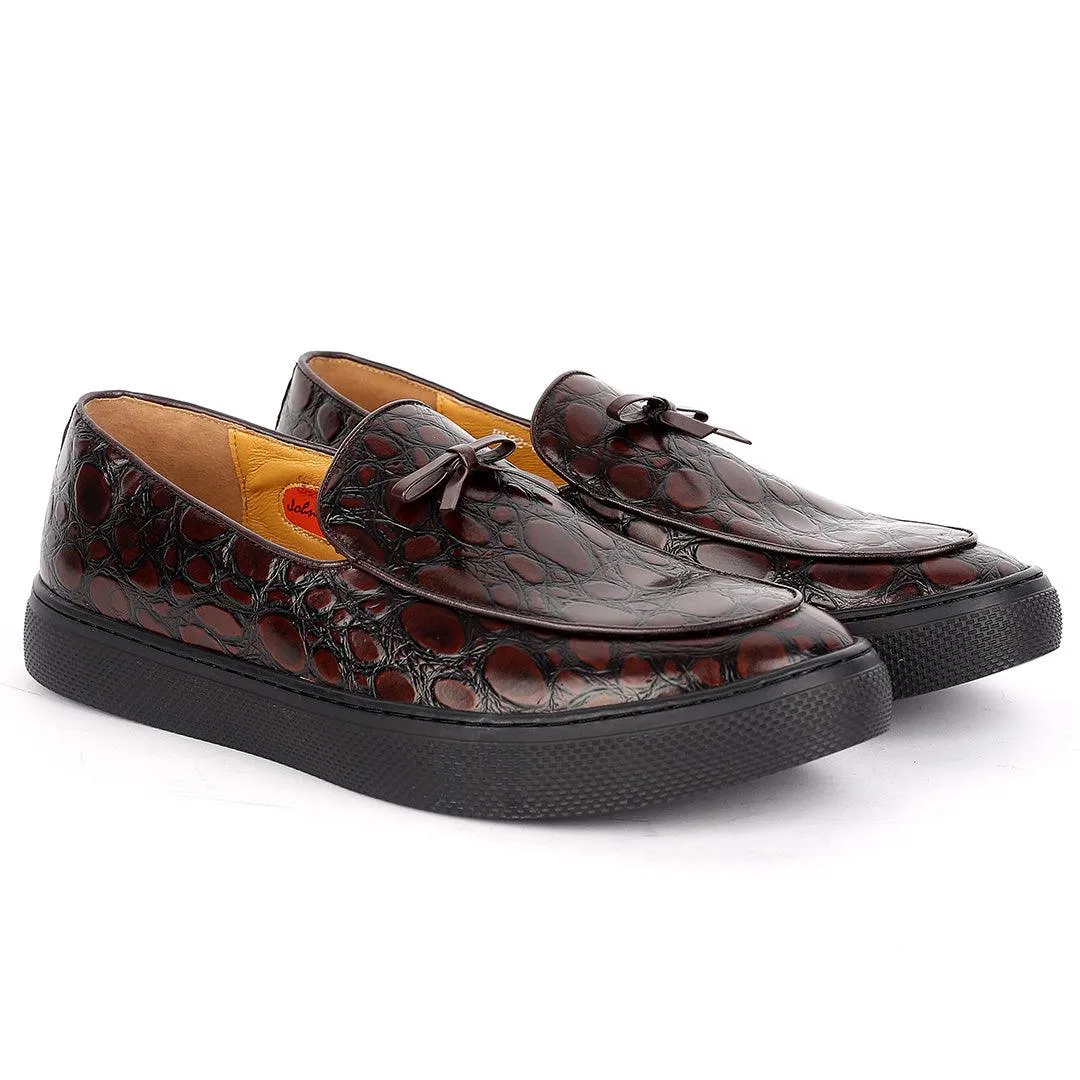 John Foster Brown Classic Croc Leather Loafers With Bow Front Design