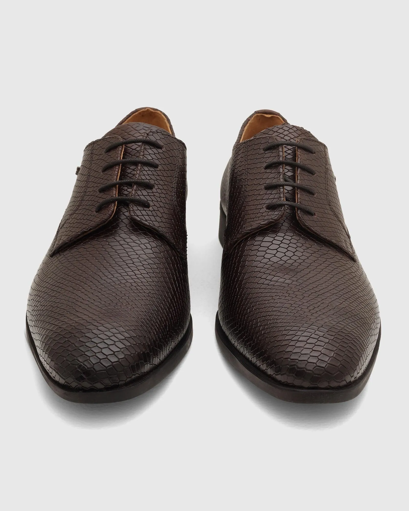 Leather Dark Brown Textured Derby Shoes - Razor