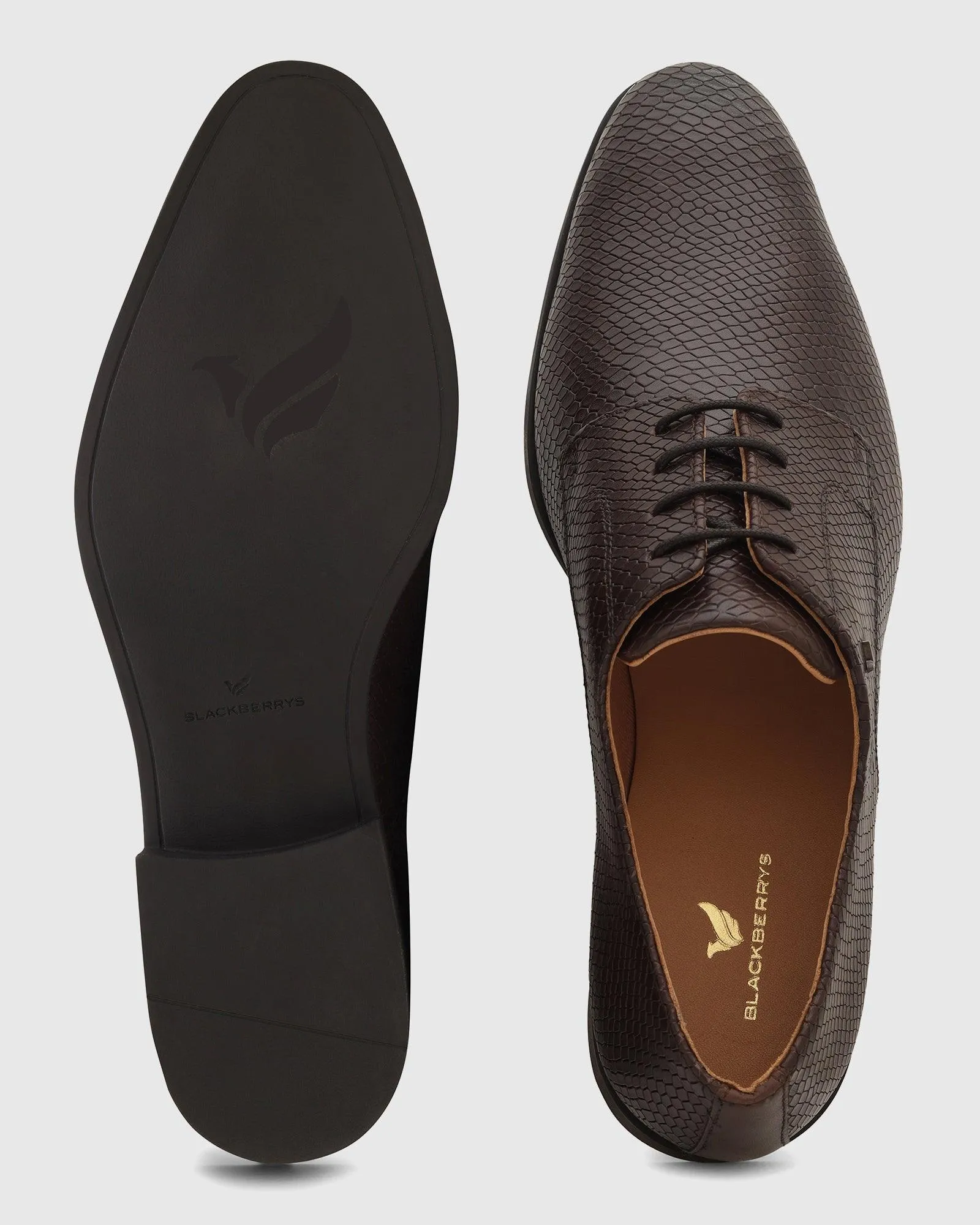 Leather Dark Brown Textured Derby Shoes - Razor