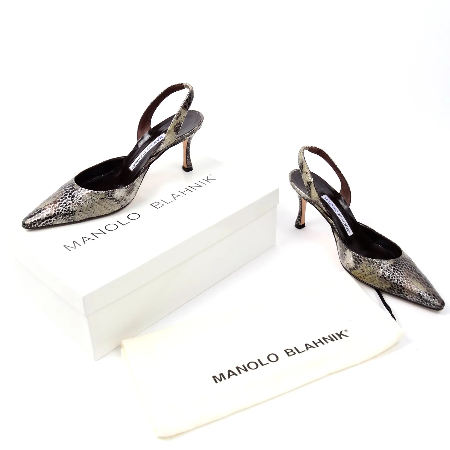 Manolo Blahnik Slingback Shoes Pointed Toe Snakeskin Heels