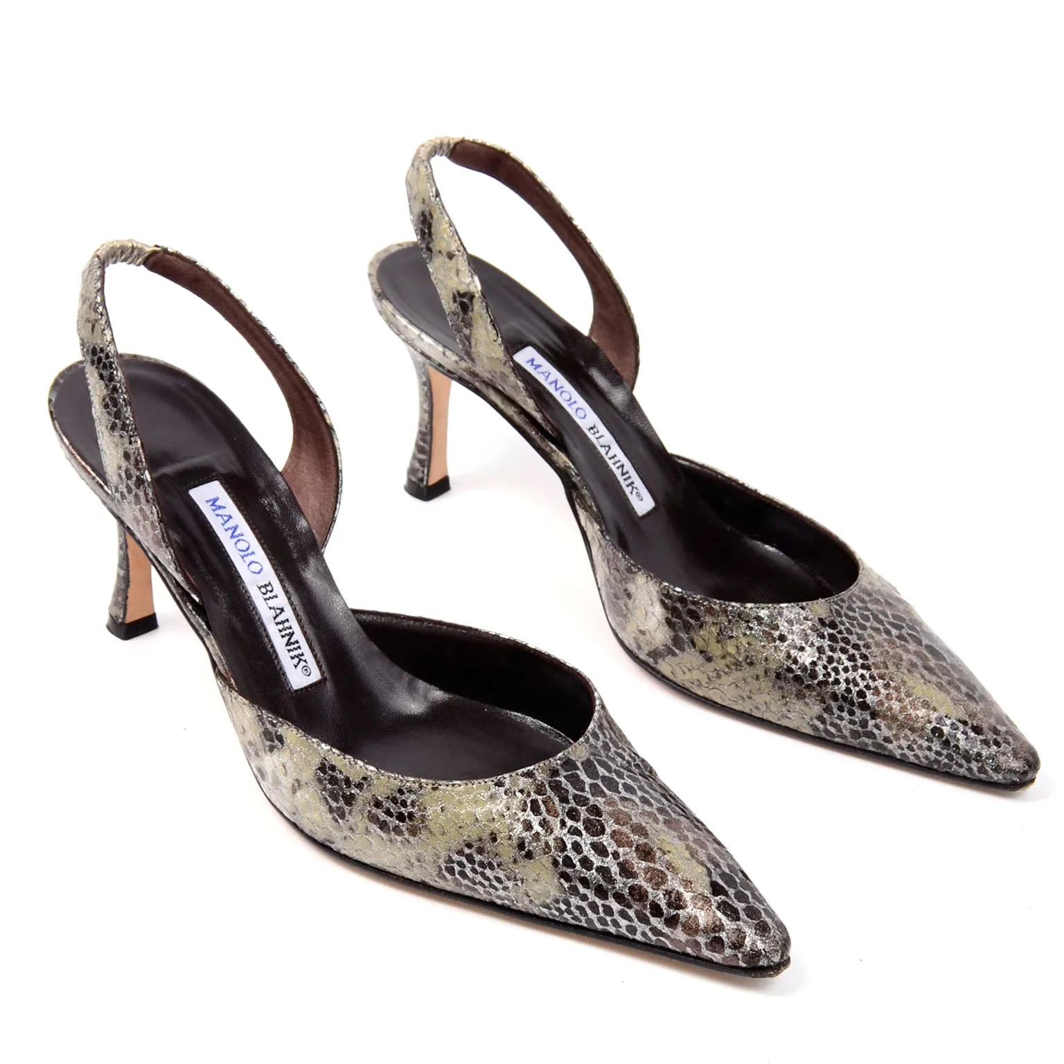 Manolo Blahnik Slingback Shoes Pointed Toe Snakeskin Heels