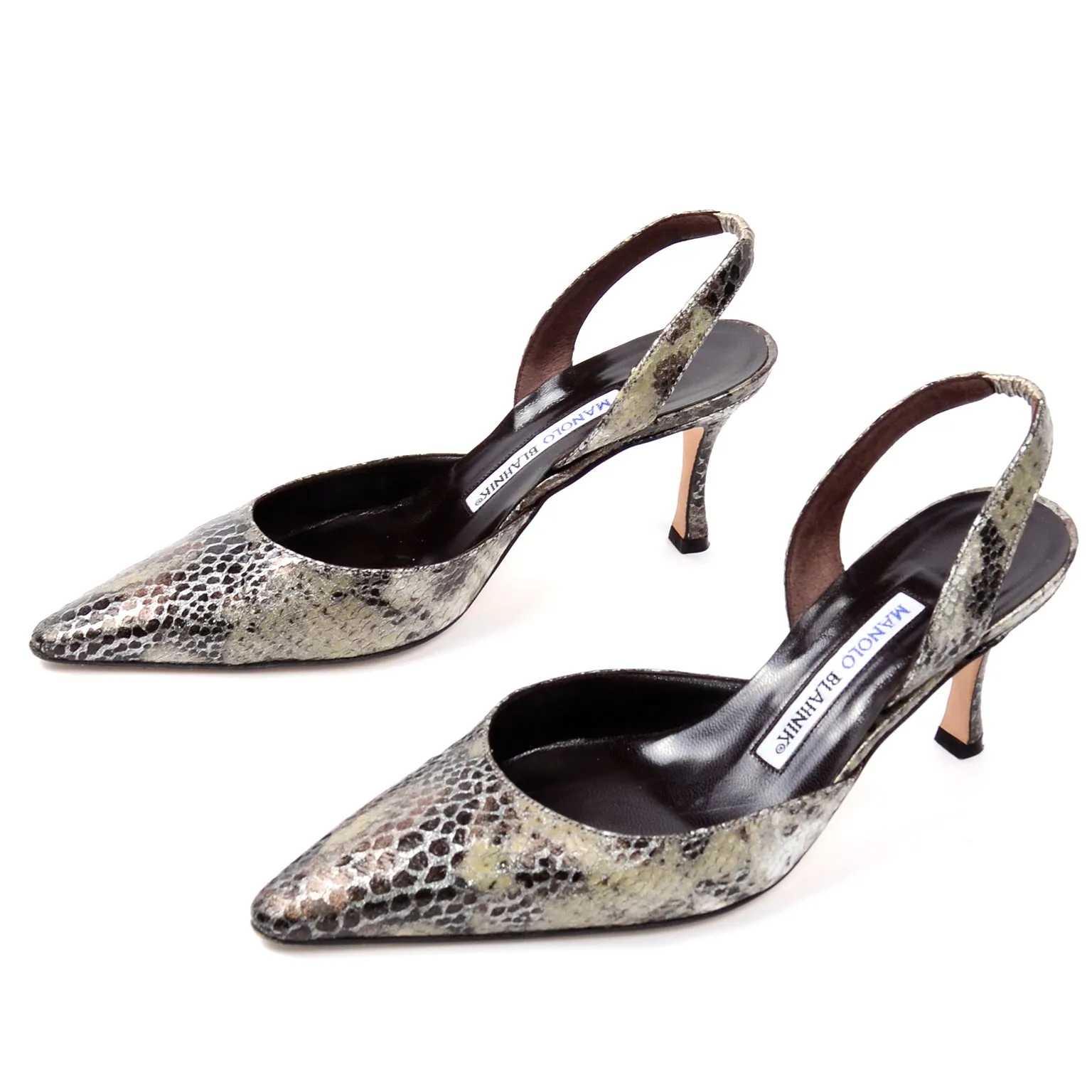 Manolo Blahnik Slingback Shoes Pointed Toe Snakeskin Heels