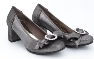 MARCO MOREO Pewter Leather Block Heel Court Shoe With Bow Detail