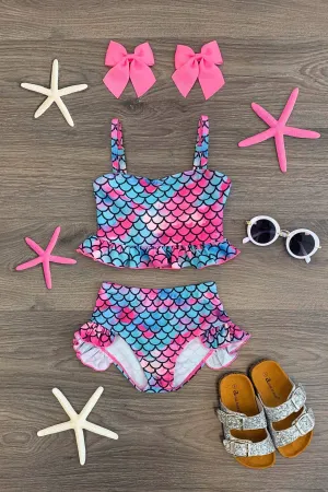 Mermaid High-Waisted Swimsuit Set - Blue/Pink