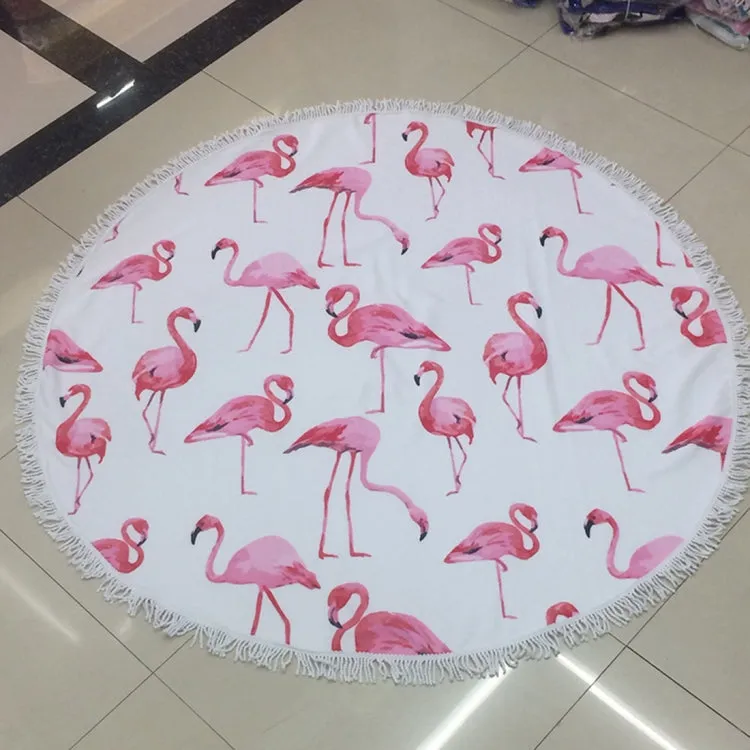 Microfiber Round Tassels Flamingo Printed Beach Blanket Pool Beach Throw Towel Yoga Picnic Mat, Size: 150 x 150cm