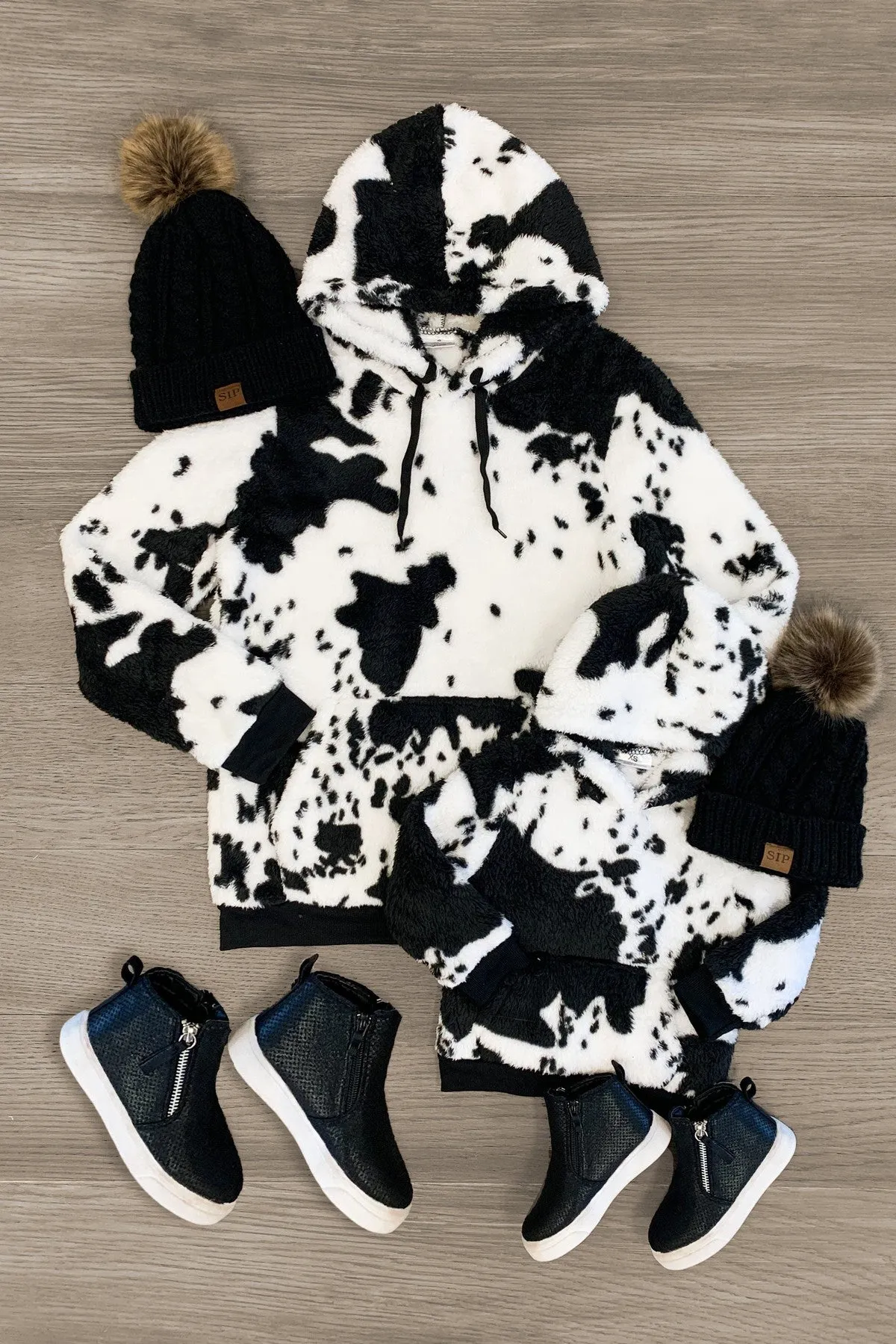 Mom & Me - Black & White Cow Print Sherpa Hoodie