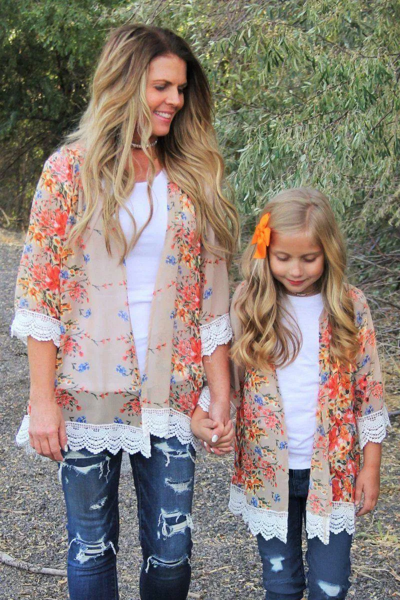 Mom & Me - Tan Floral Lace Kimonos