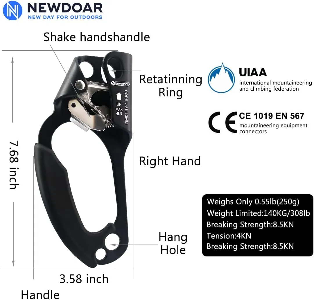 NewDoar UIAA & CE Certified Left Hand Ascender for 8~12MM Rope - Black