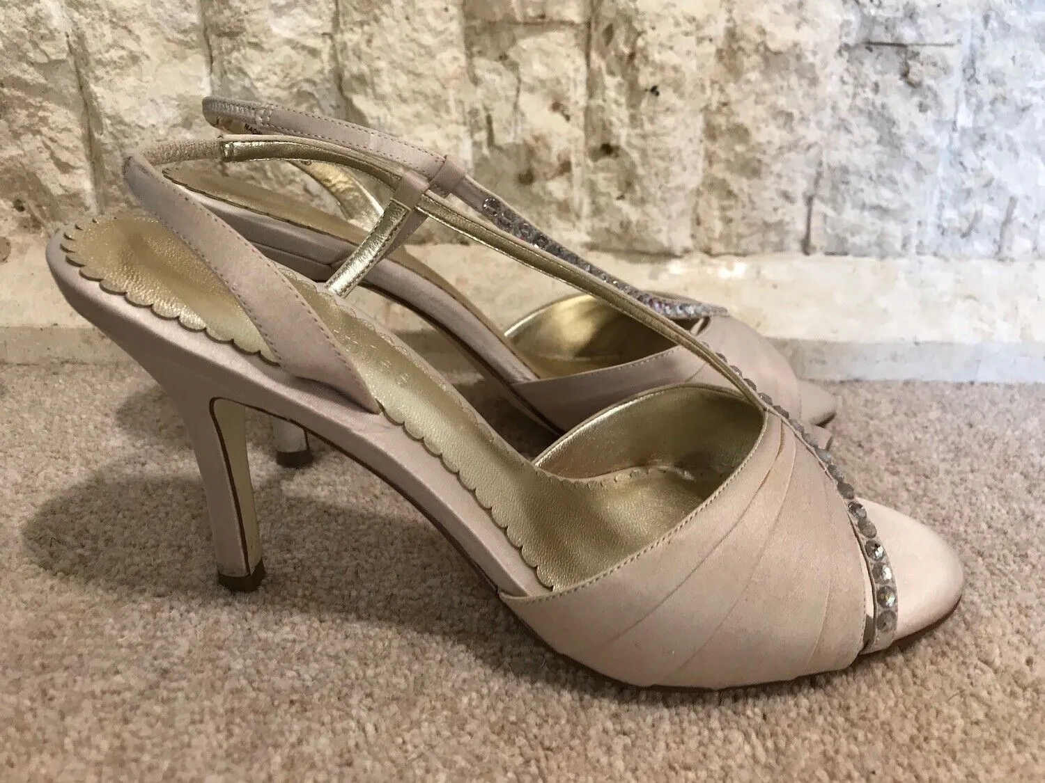 Principles Ladies Beige Silk Slingback Diamante Court Shoes UK 7 US 9 EU 40