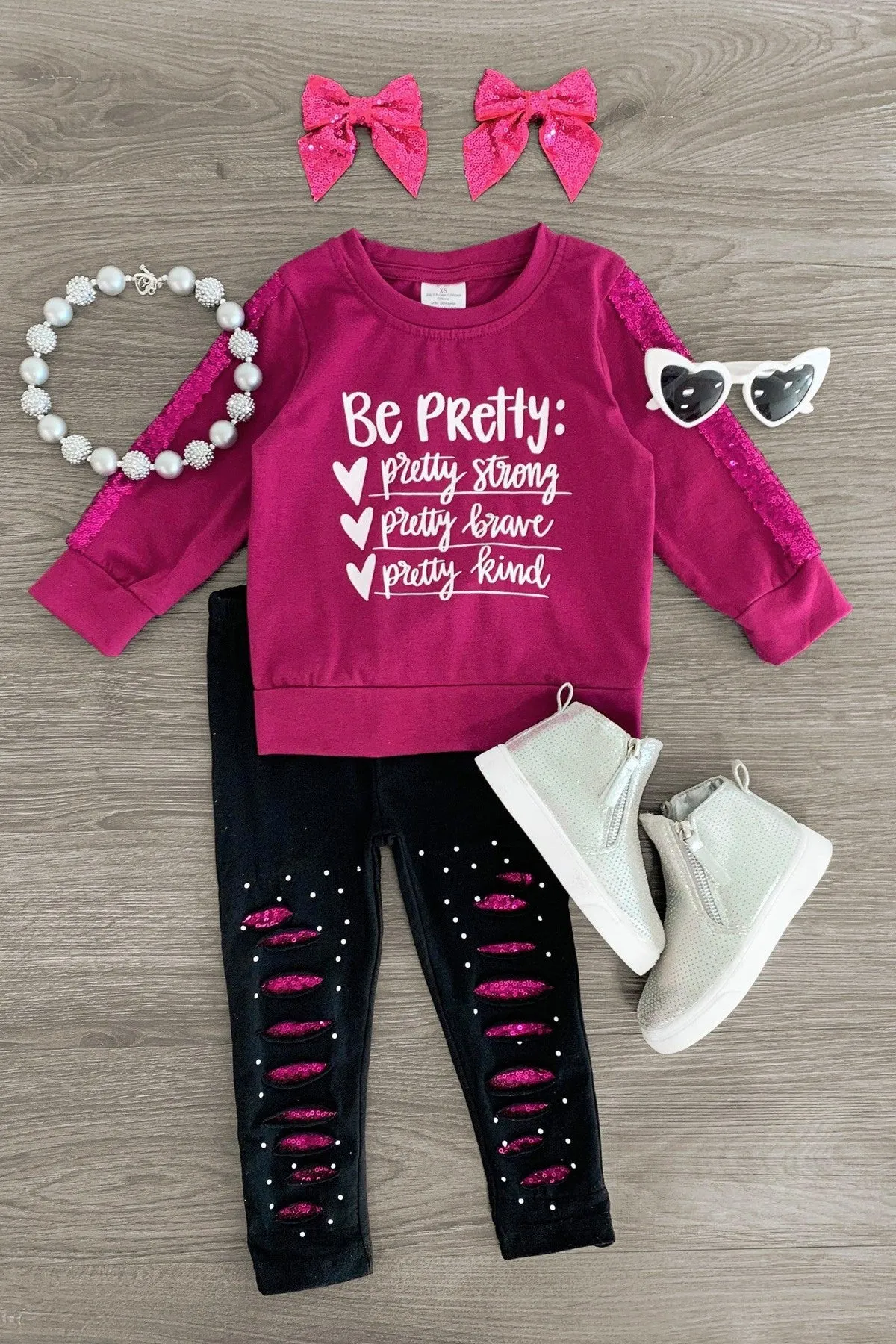 "Be Pretty..." Plum Sequin Distressed Legging Set