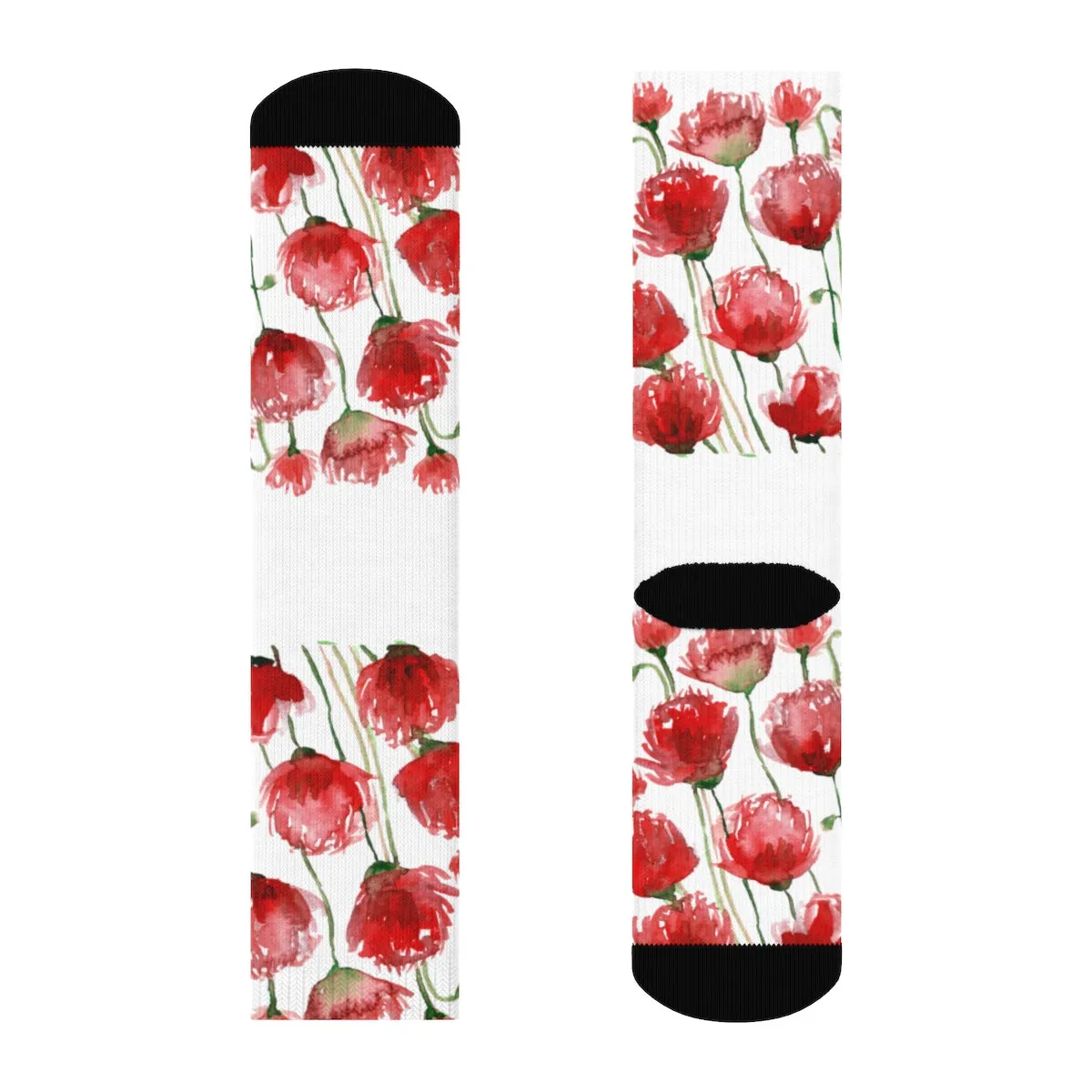 Red Poppy Floral Print Socks, Unisex Designer Premium Quality Crew Socks - Designed in USA