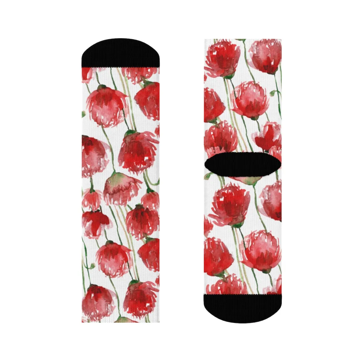 Red Poppy Floral Print Socks, Unisex Designer Premium Quality Crew Socks - Designed in USA