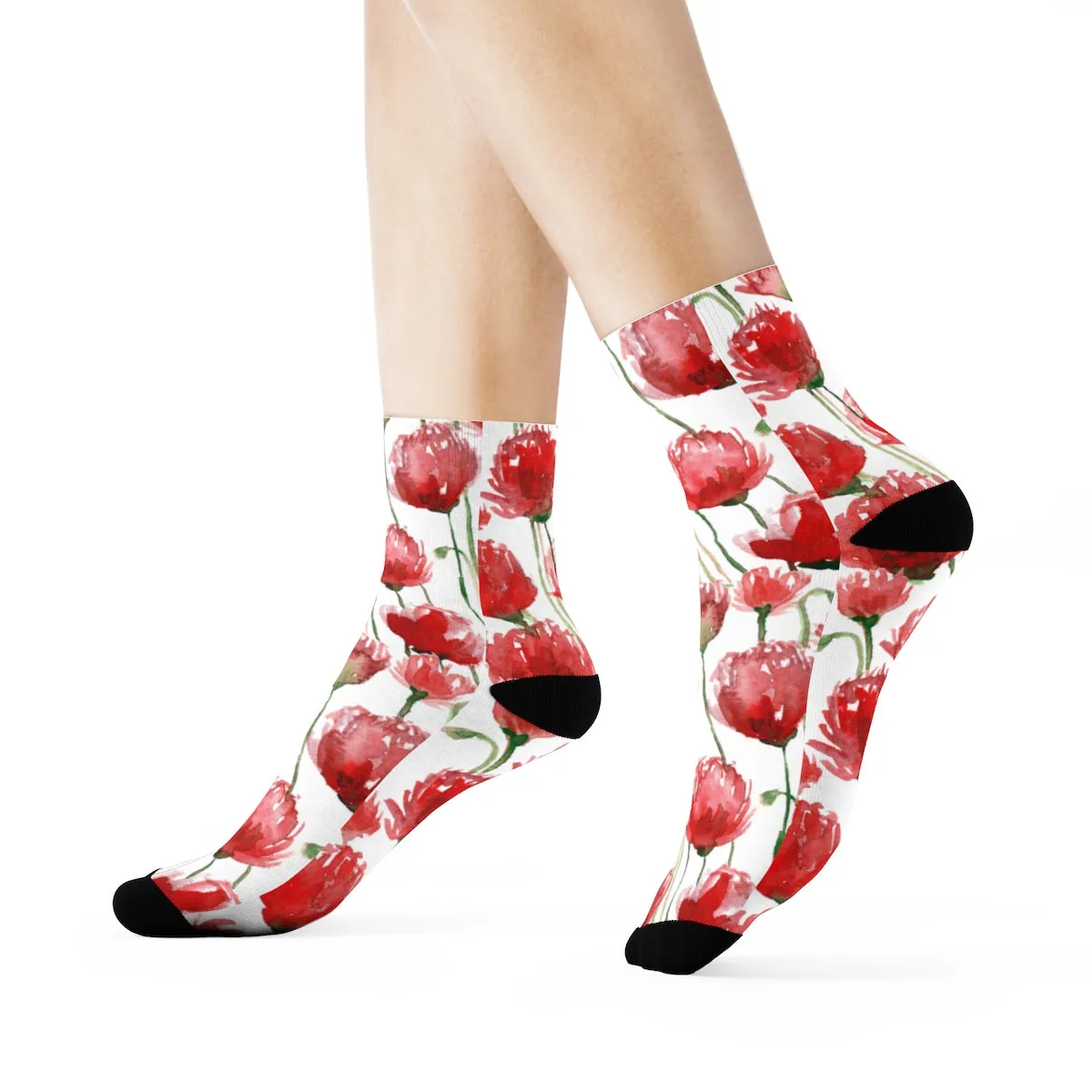 Red Poppy Floral Print Socks, Unisex Designer Premium Quality Crew Socks - Designed in USA