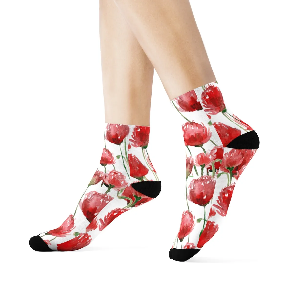 Red Poppy Floral Print Socks, Unisex Designer Premium Quality Crew Socks - Designed in USA