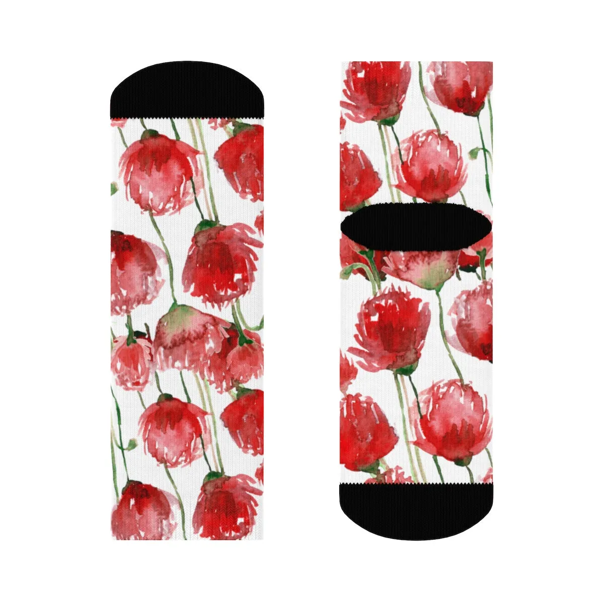 Red Poppy Floral Print Socks, Unisex Designer Premium Quality Crew Socks - Designed in USA