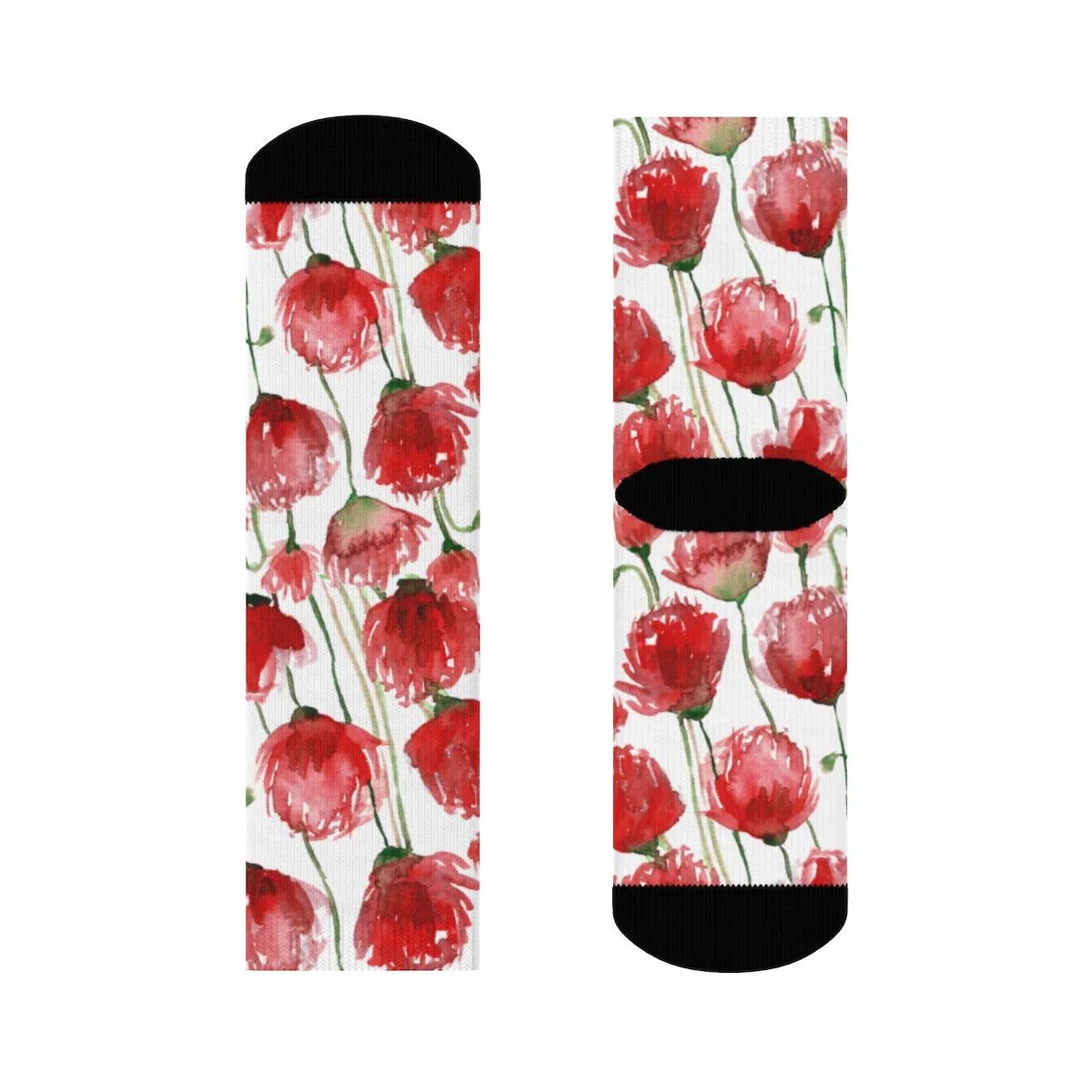 Red Poppy Floral Print Socks, Unisex Designer Premium Quality Crew Socks - Designed in USA