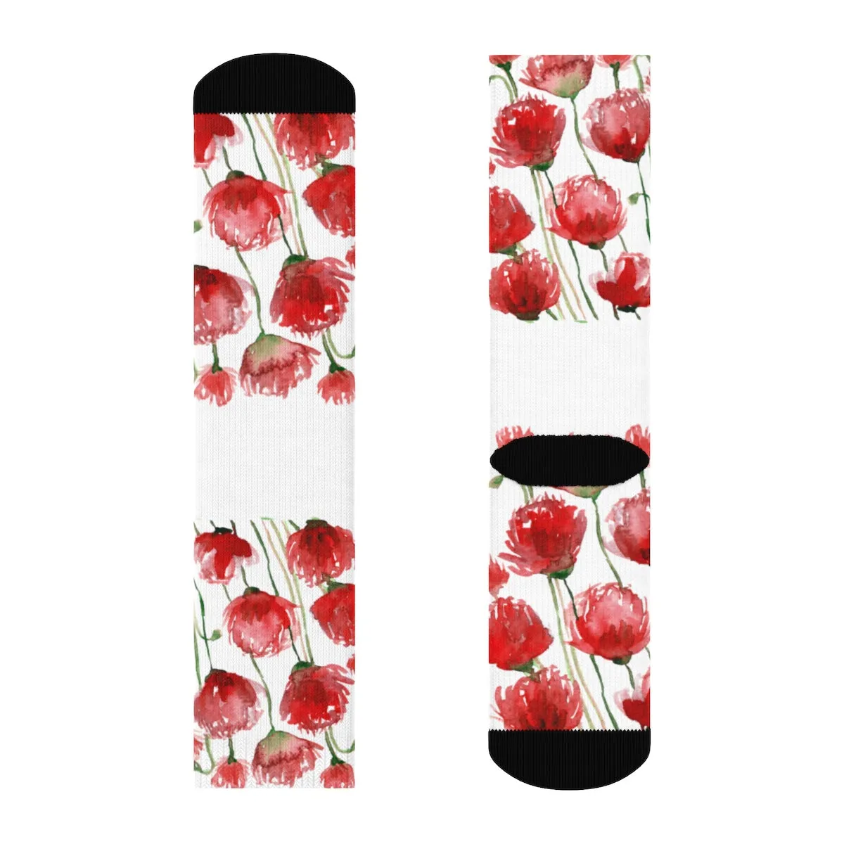 Red Poppy Floral Print Socks, Unisex Designer Premium Quality Crew Socks - Designed in USA