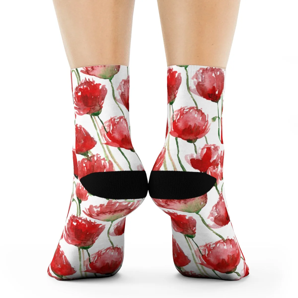 Red Poppy Floral Print Socks, Unisex Designer Premium Quality Crew Socks - Designed in USA