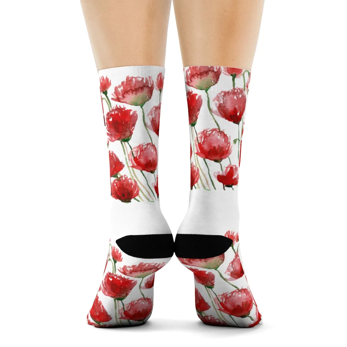 Red Poppy Floral Print Socks, Unisex Designer Premium Quality Crew Socks - Designed in USA