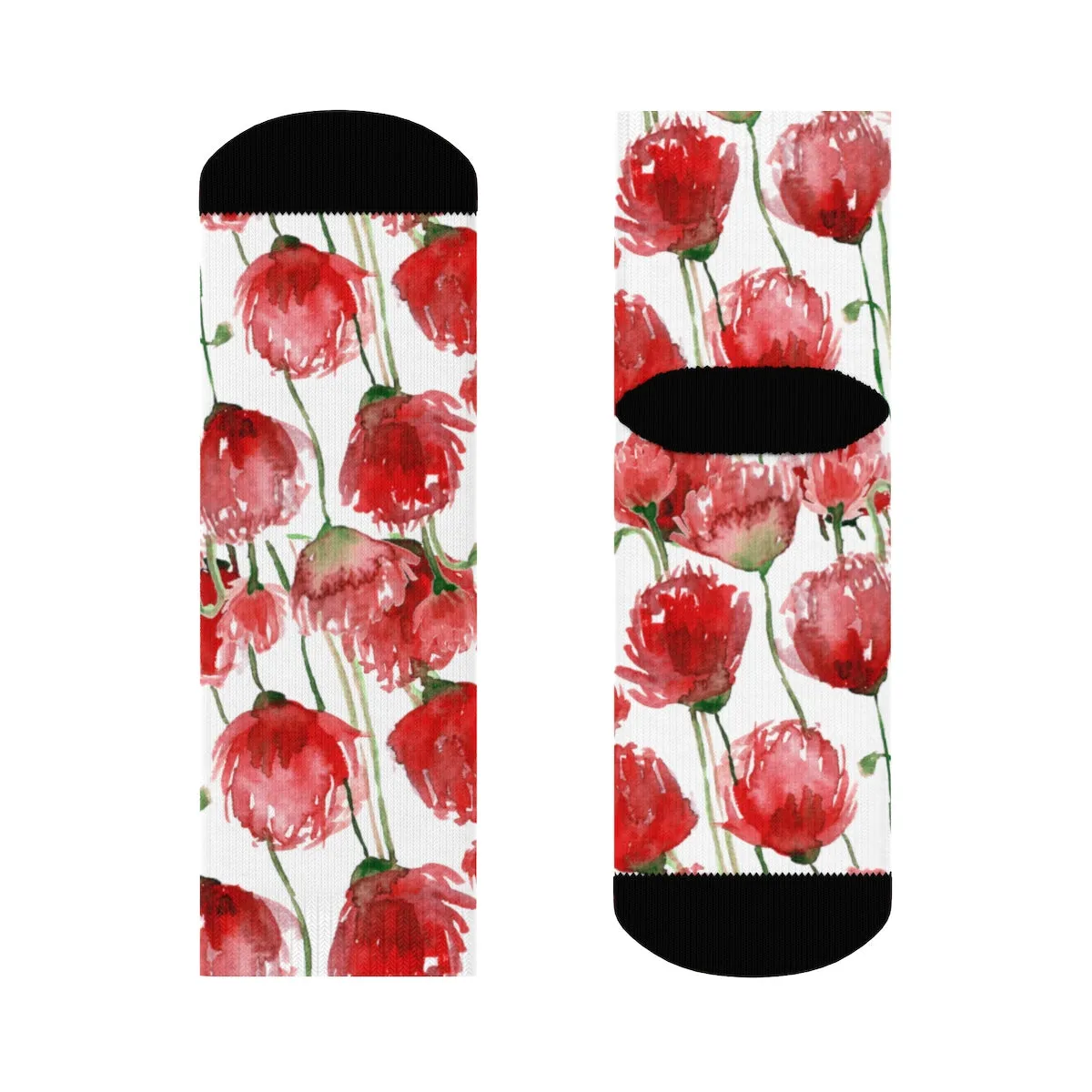 Red Poppy Floral Print Socks, Unisex Designer Premium Quality Crew Socks - Designed in USA