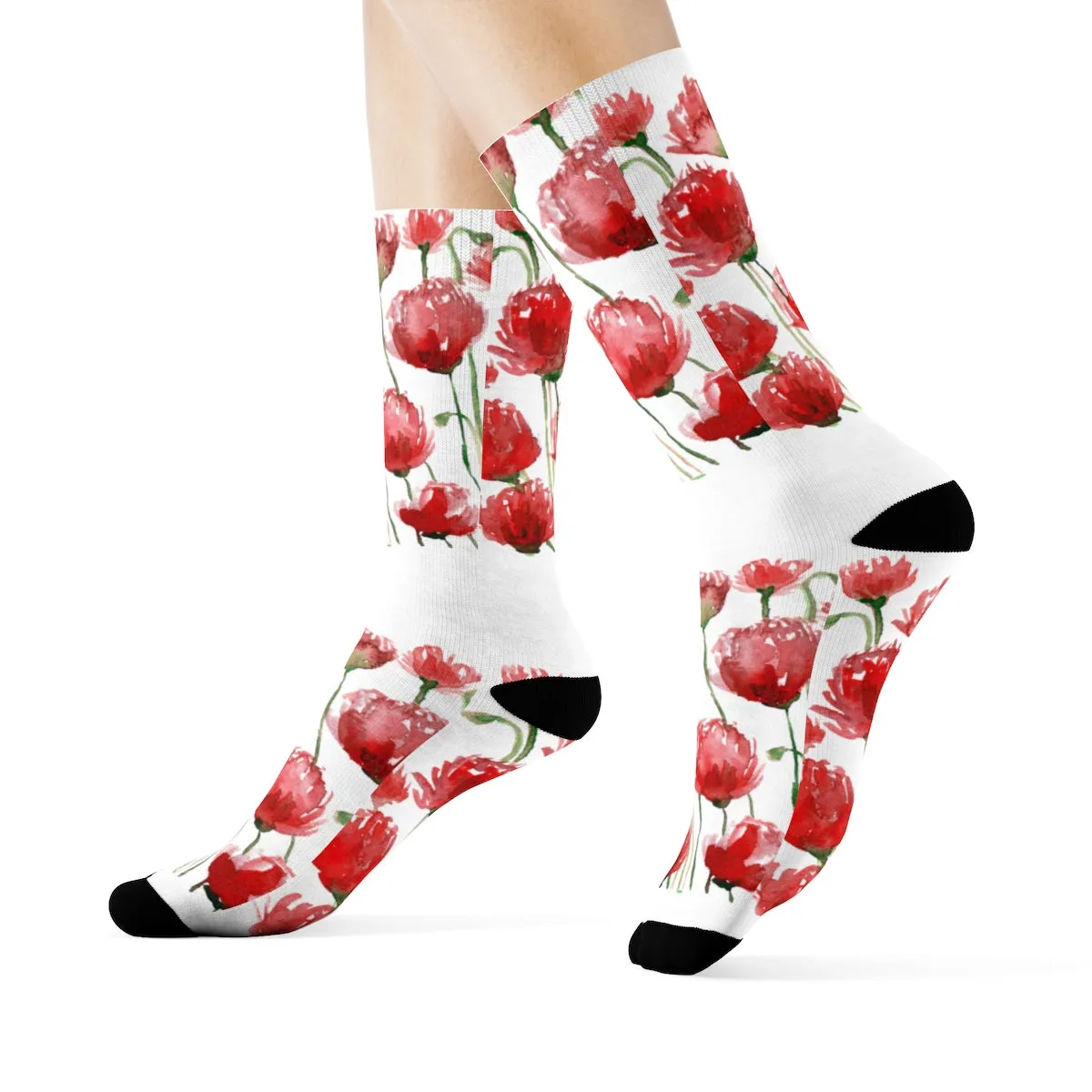 Red Poppy Floral Print Socks, Unisex Designer Premium Quality Crew Socks - Designed in USA