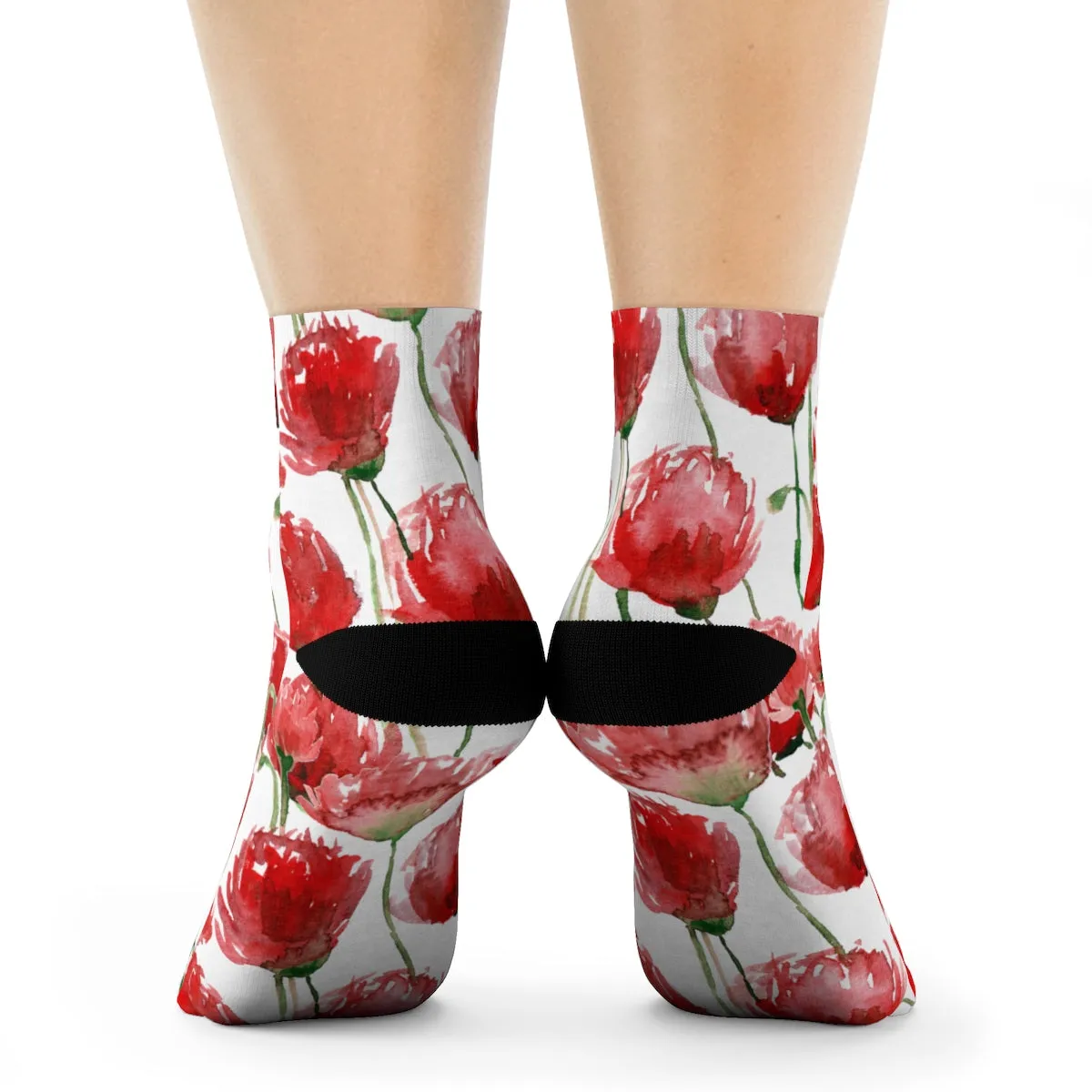 Red Poppy Floral Print Socks, Unisex Designer Premium Quality Crew Socks - Designed in USA