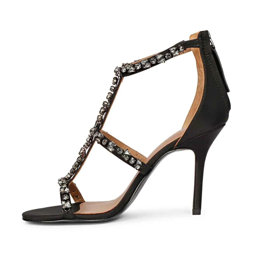 Saint Ella Stone Embellished Black Strappy Leather Stilettos