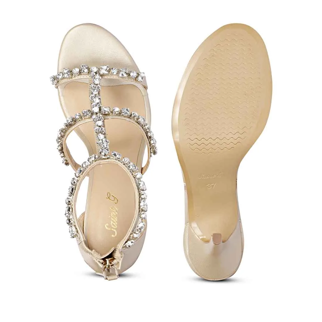 Saint Ella Stone Embellished Strappy Champagne Leather Stilettos