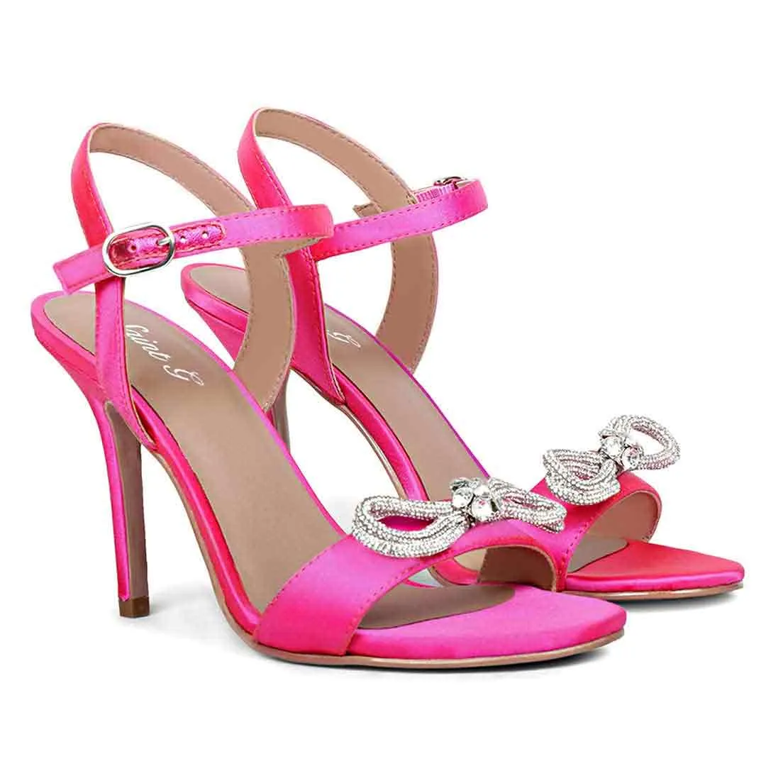 Saint Hayden Crystal Bow Hot Pink Leather-Satin Stilettos