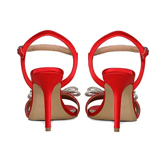 Saint Hayden Crystal Bow Red Satin-Leather Stilettos